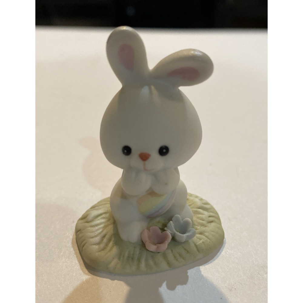 Vintage 1985 Enesco Bunny Rabbit Ceramic Figure Rainbow Tummy Flowers 2" Tall